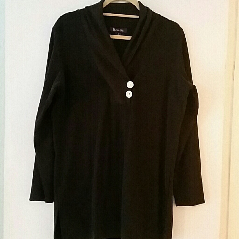 Roaman's Cotton Blend Waffle Classic Black Minimalist Casual Tunic Pullover